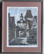 Ernst Geissendorfer Rothenburg Markusturm Colored Etching Signed Framed Artwork