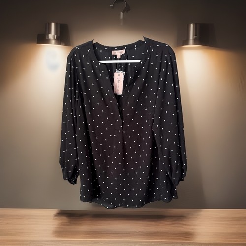 NWT Philosophy Womens Plus Size 3/4 Sleeve Black White Polka Dot 1X Top