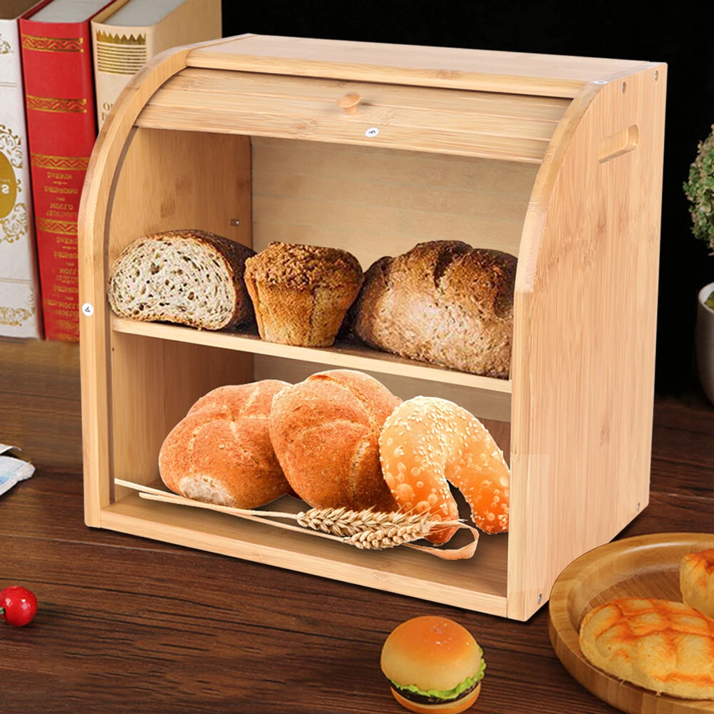 2-Layer Bread Box Bread Keeper Bamboo Wood With Lid Kitchen Storage Containers