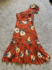 Urban Outfitters Carmen Linen One Shoulder Ruffle Midi Dress Orange S Floral