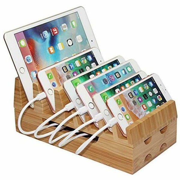 Bamboo Multi Devices Charging Station Large Charge Dock Rack Organizer