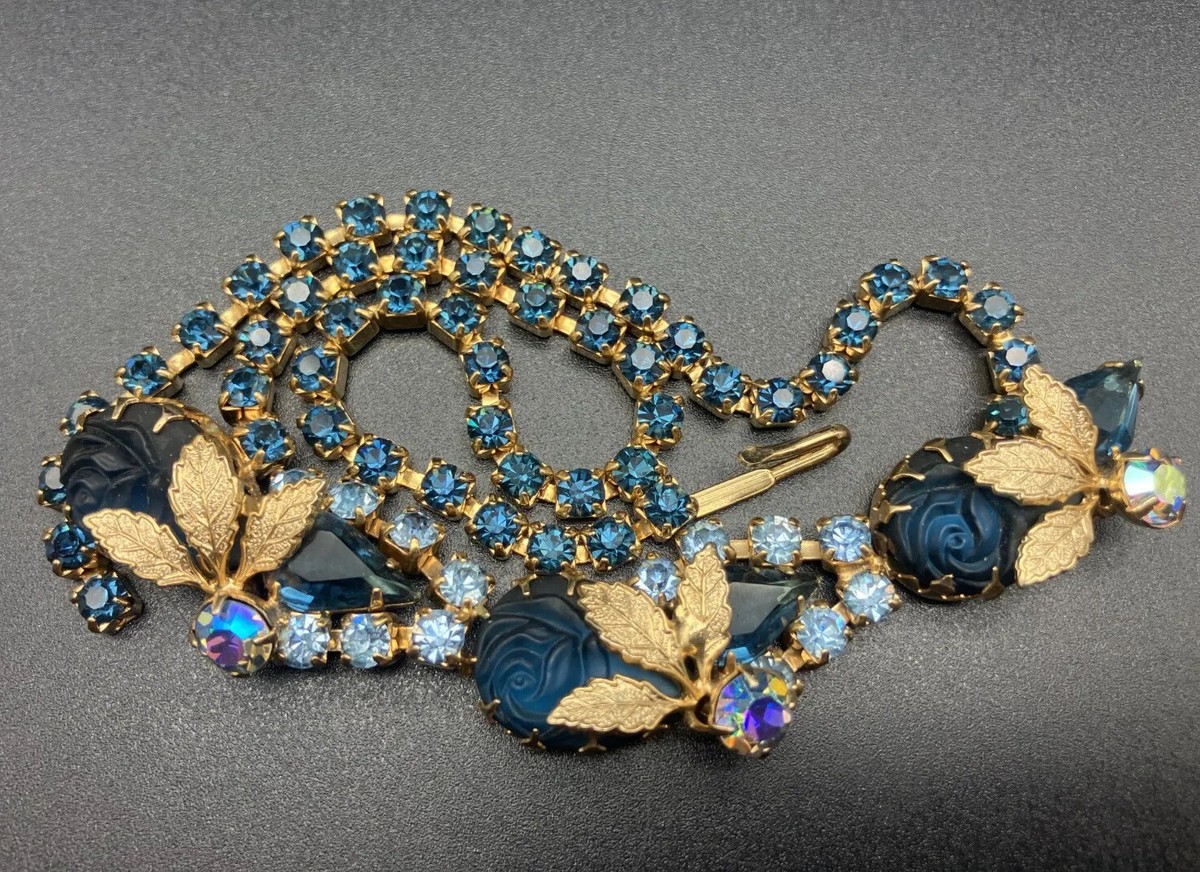 Vintage Juliana D&E Moulded Carved Glass Rose Crystal Blue