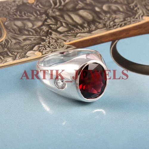 Naturale Granato Gemma Con 14K Placcato Oro Bianco Anello Argento per Uomo #2777 - Foto 2 di 15