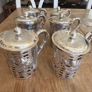 SET OF 6 STERLING GLASSHOLDERS ANTIQUE DRAGON SILVER UNMARKED CHINESE HONG KONG