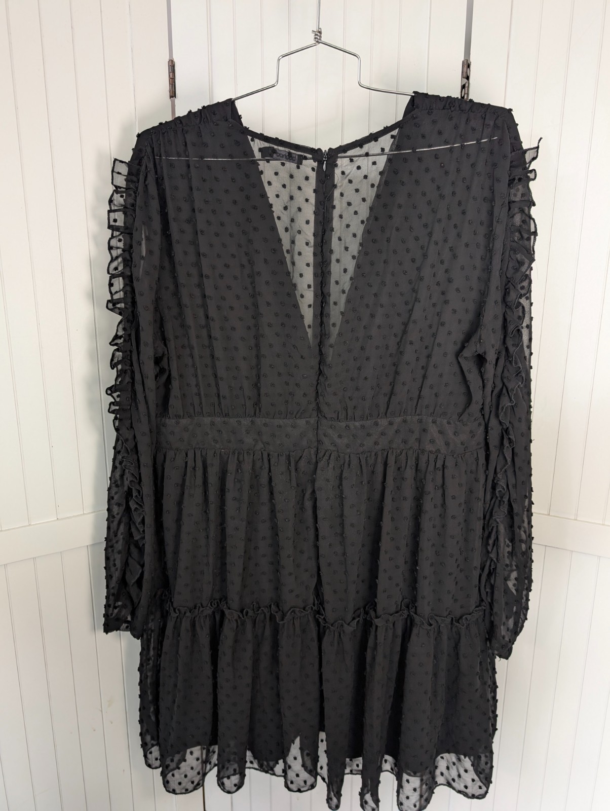 Boohoo Black Swiss Dot Tiered Mini Dress Sheer Long Sleeve Size 16