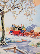 Vtg Horse & Carriage River Snow 1940's Christmas Used Greeting Card (B11247)