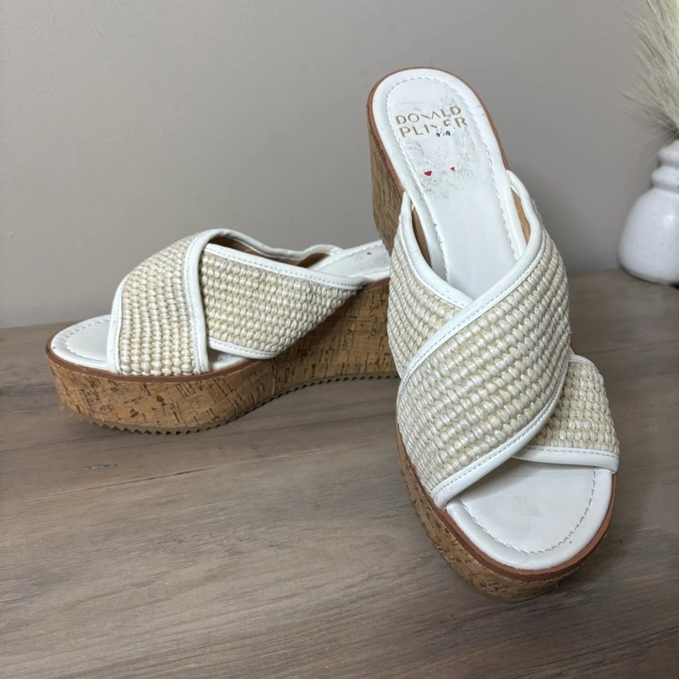 Nuevas Sandalias Donald Pliner Ilonar Plataforma Cuña Rafia Corcho Neutro Tostado Blanco 10 Foto 2 de 4