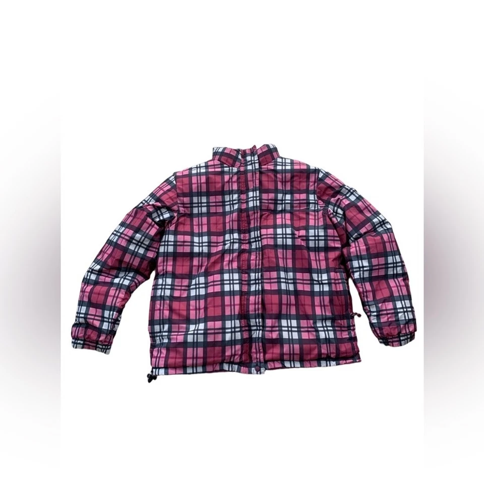 Casaco acolchoado feminino LL Bean tamanho pequeno rosa e reversível xadrez enchimento ganso - Imagem 2 de 4