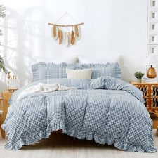 Blue Gingham Duvet Cover Set, Soft 100 Cotton, Ruffle Design, Queen Size