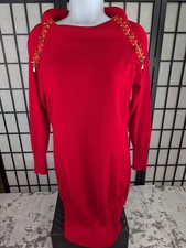 SayWhat Women's Red Sweater Dress Large Gold Studded Zipper Detail