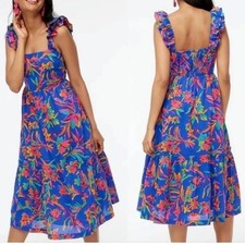 J.Crew Tiered Smocked Midi Dress Tropical Floral Multicolor Milkmaid Ruffle 10P