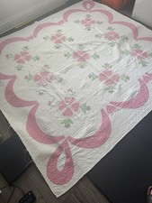 Vintage Wild Rose Quilt w/Hand-Stitched Floral Border, 1930s 78"x72" Imperfect