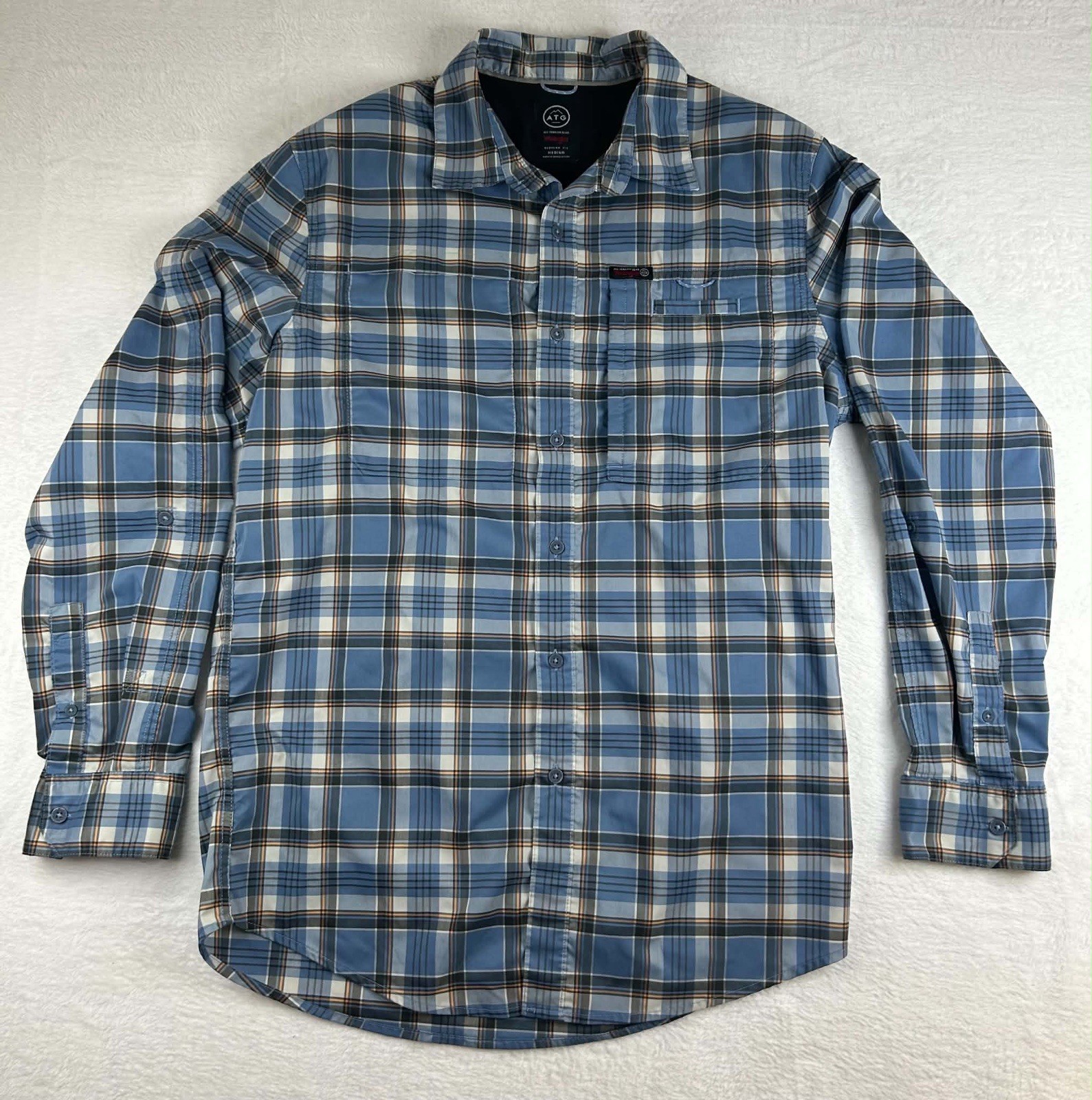 Wrangler ATG Shirt Mens Medium Blue Plaid Hike To Fish Long Sleeve Vent Back