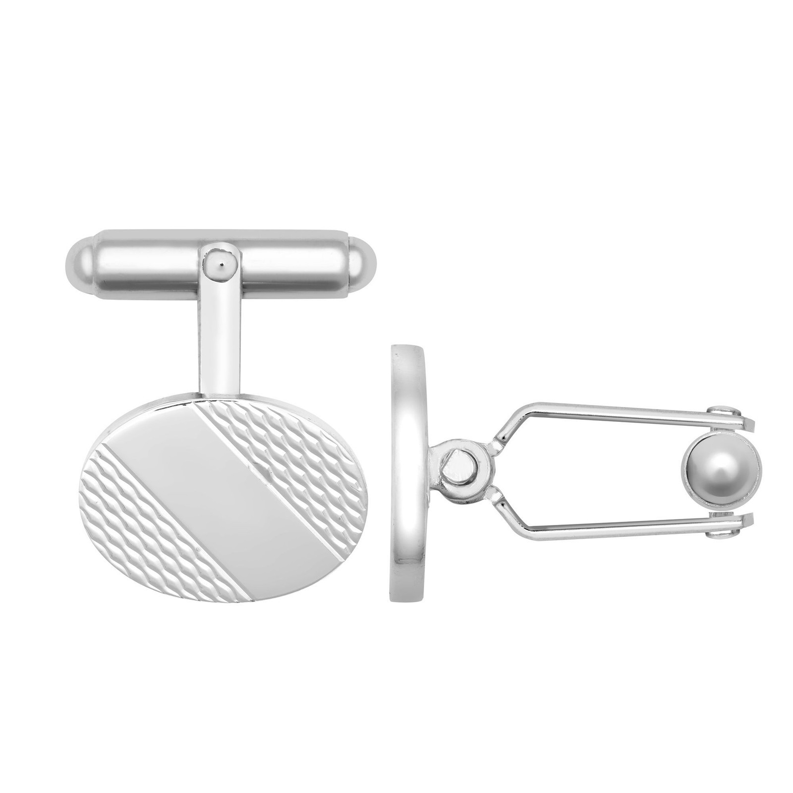 Mens Silver Jewelco London Engine Turned ID Oval Swivel Back T-Bar Cufflinks