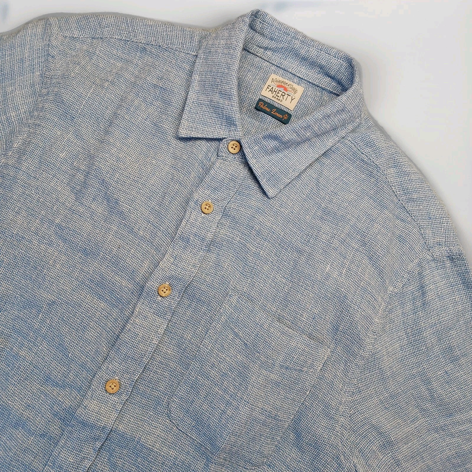 Faherty Palma Linen Shirt Mens Medium Button Up Short Sleeve Blue Woven Pocket