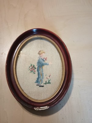 Antique Victorian Needlepoint Sampler Naive Folk Art Oval Wall Home Decor