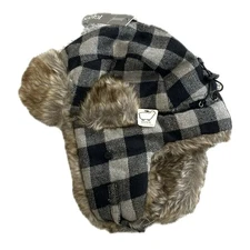 Igloos Wool Blend Buffalo Plaid Check Faux Fur Trapper Hat Mens Size M/L NEW