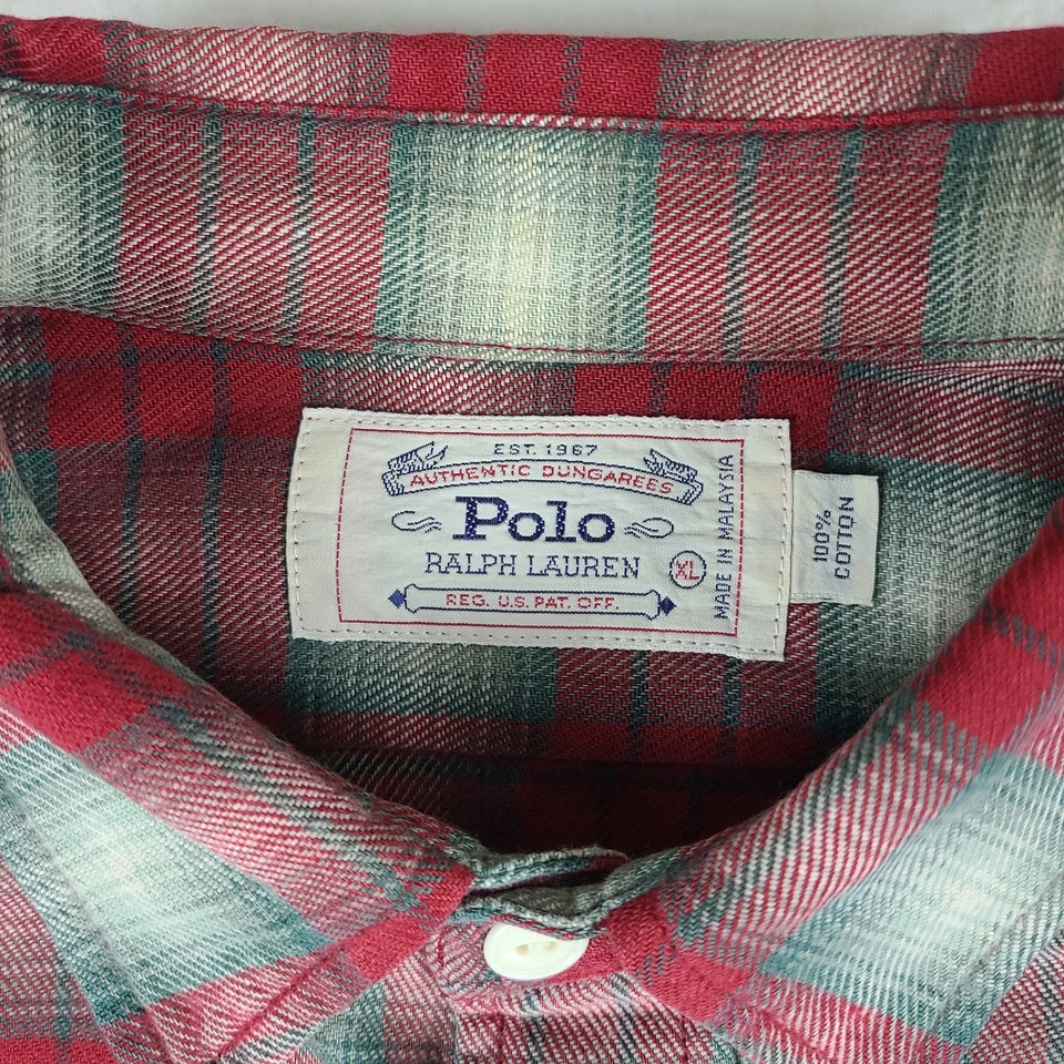 Camisa de Franela Polo Ralph Lauren De Colección Para Hombres XL Roja Verde Algodón a Cuadros Abotonada * Foto 4 de 4