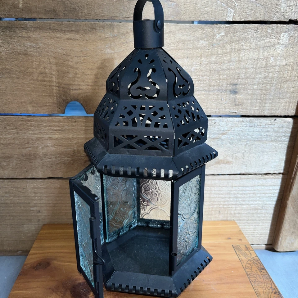 Moroccan Black Metal And Clear Glass Hurricane Candleholder 11” Tall 5” Wide - Image 4 of 4