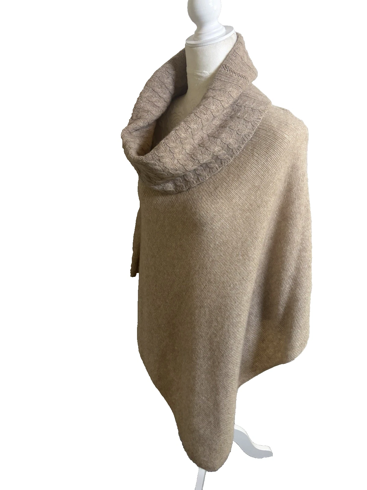 Ananda 100% Cashmere Poncho Sweater Topper~OSFM~ Beige Cable Knit Cowl Neck Luxe