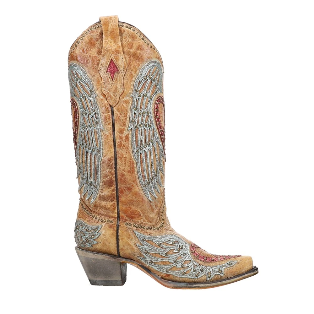 Corral Boots Heart And Wings Embroidered Studded Snip Toe Pull On Cowboy Womens