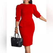 (B3) NWOT Unbranded Red Side Peplum 3/4 Puff Sleeve Chic Business Pencil Dress L