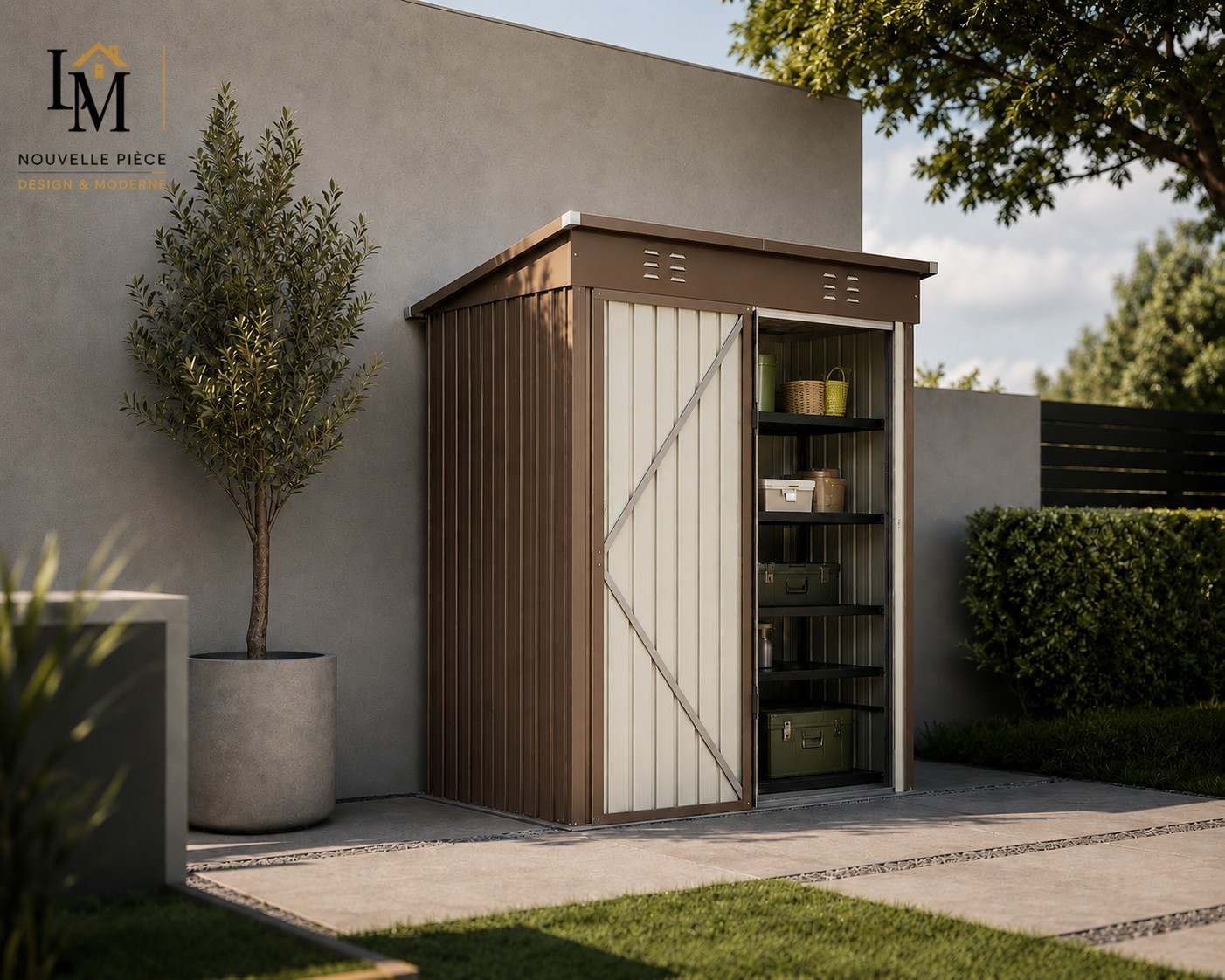 Abri de jardin métal marron 5m² avec rangement étanche pour extérieur