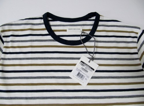 T-shirt uomo MRSP $185 nuova Harris Wilson Vladim panna righe cotone XL taglia - Foto 3 di 11
