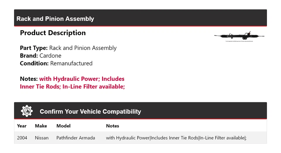 Montaje de piñón y cremallera Cardone para Nissan Pathfinder Armada 2004 Foto 2 de 4