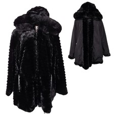 Gallery Womens Grooved Faux Fur Hooded Coat Reversible Jacket Size Xl Black