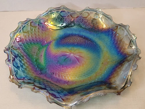 Vintage Indiana Blue Carnival Glass 10 1/4"  Bowl Dish Diamond Pattern