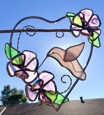 Vtg 3D Hummingbird Bird Suncatcher Stained Glass Suncatcher Flower Wall Hangings