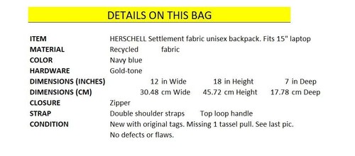 HERSCHEL Settlement men's women's school backpack. Fits 15" laptop NAVY - Picture 13 of 13
