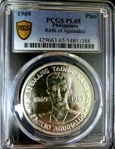 PCGS PL65 Gold Shield-Philippines 1969 Aguinalado Silver Peso GEM PL-No US Send