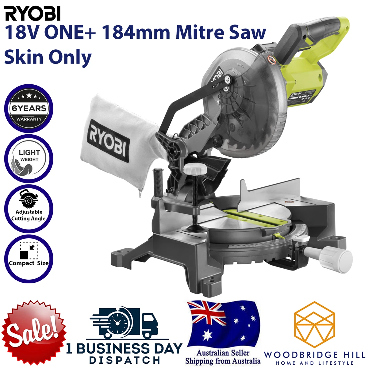 Ryobi ONE 18V 184mm Cordless Compound Mitre Drop Saw Lightweight Compact NEW