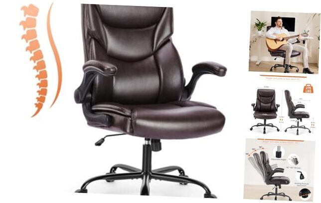 Computer Gaming Chair, Ergonomic Office Chair High Back Brown Flip Armrests-image