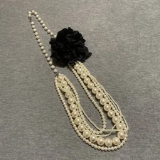 Black Fabric Flower Beaded Long Multi Strand Necklace Silver Ivory Pearl Beads