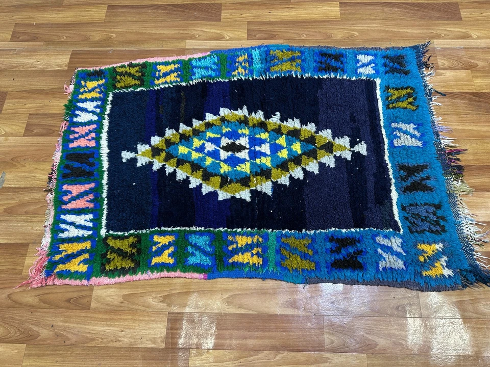 Handmade Moroccan Rug 2.9x4.4 ft – Vintage Berber Wool Carpet – Navy Tribal - Image 2 of 4