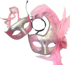Couples pink silver Masquerade Ball Mask Pair Feather Mardi Gras birthday Party