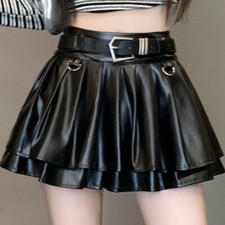 Cute Girl PU Leather Pleated Short Skirt Shiny with Belt A-line skirt Sexy Club