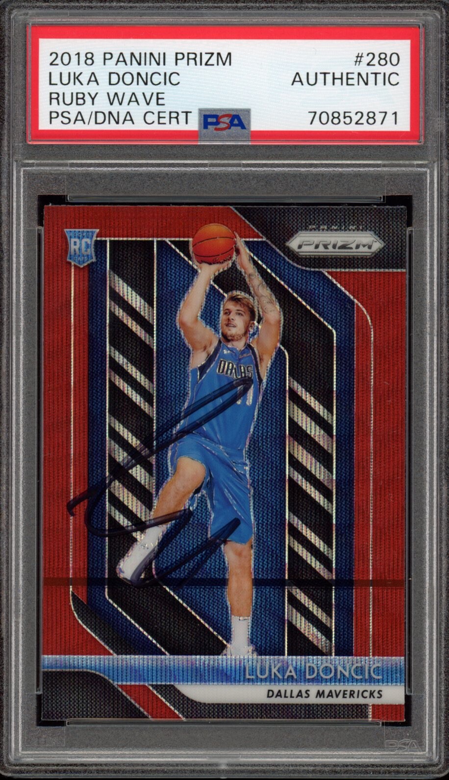 2018 Panini Prizm #280 Luka Doncic Signed Ruby Wave Rookie Card Auto PSA/DNA RC