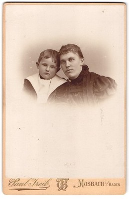 Photograph Paul Treib, Mosbach I. B., portrait mother in Biedermeier dress with i 