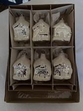 Alter Christbaumschmuck Formteile Haus Glas silber beflockt 6 Stück OVP Vintage