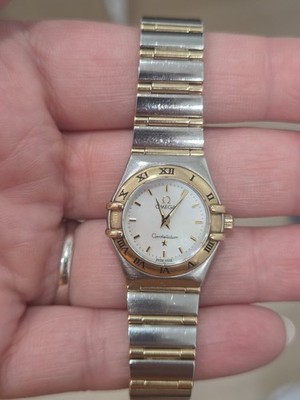 Omega Constellation 18K Gold SS Ladies MOP Dial Wrist Watch Full Gold Bar