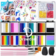 Vibrant Rainbow Face Painting Kit with 12 Split Cakes Glitter - Safe for Skin