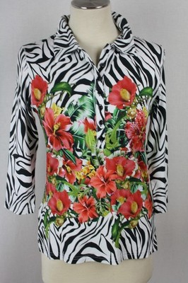 Damen Sommer Shirt Poloshirt Blumen Zebramuster Glitzer Viskose IMAGINI Gr. 36