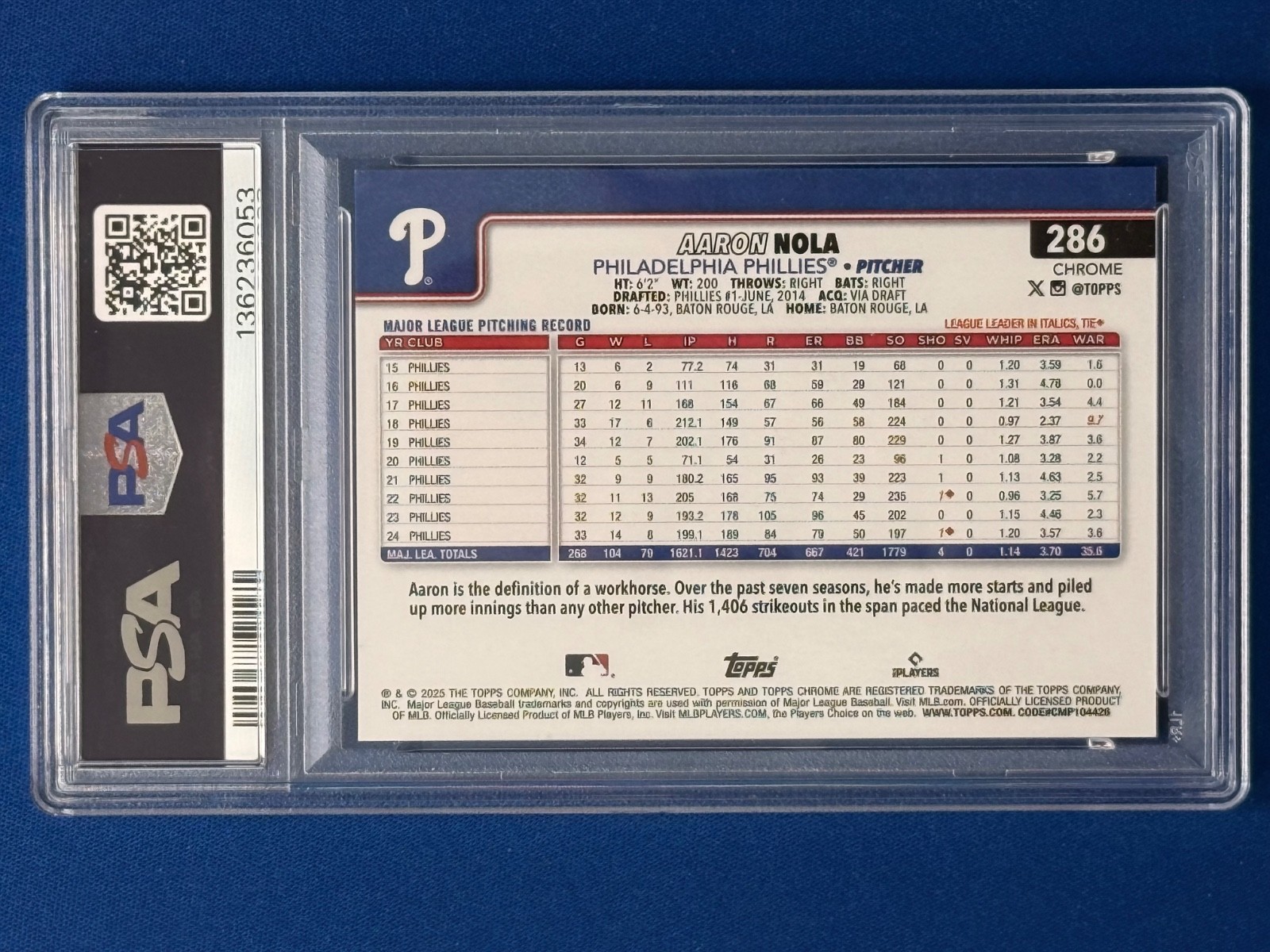 2025 Topps Chrome Aaron Nola #286 Orange Geometric 11/25 PSA 9 view 2