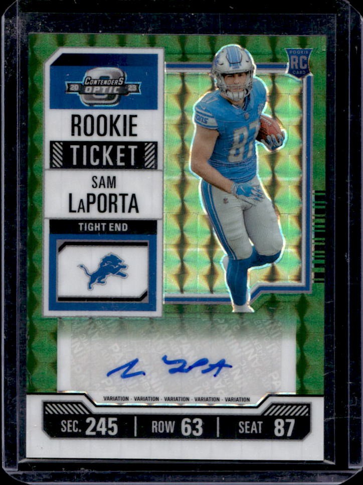 2023 Zenith Sam LaPorta Contenders Optic Rookie Ticket SP Preview Green Auto /23