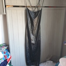 PrettyLittleThing Black Faux  Leather Midi Dress Sz 8 Lace Up Pencil