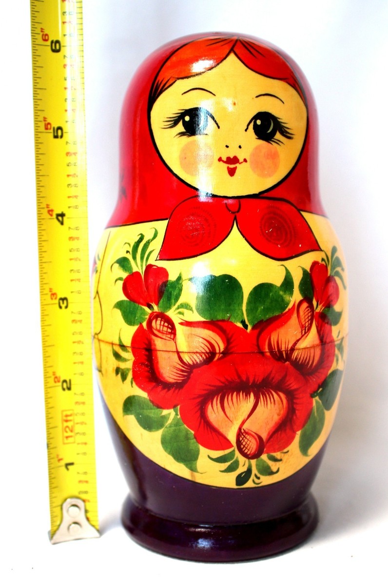 Vintage Russian 8 Pieces Hardwood Nesting Doll Traditional Floral